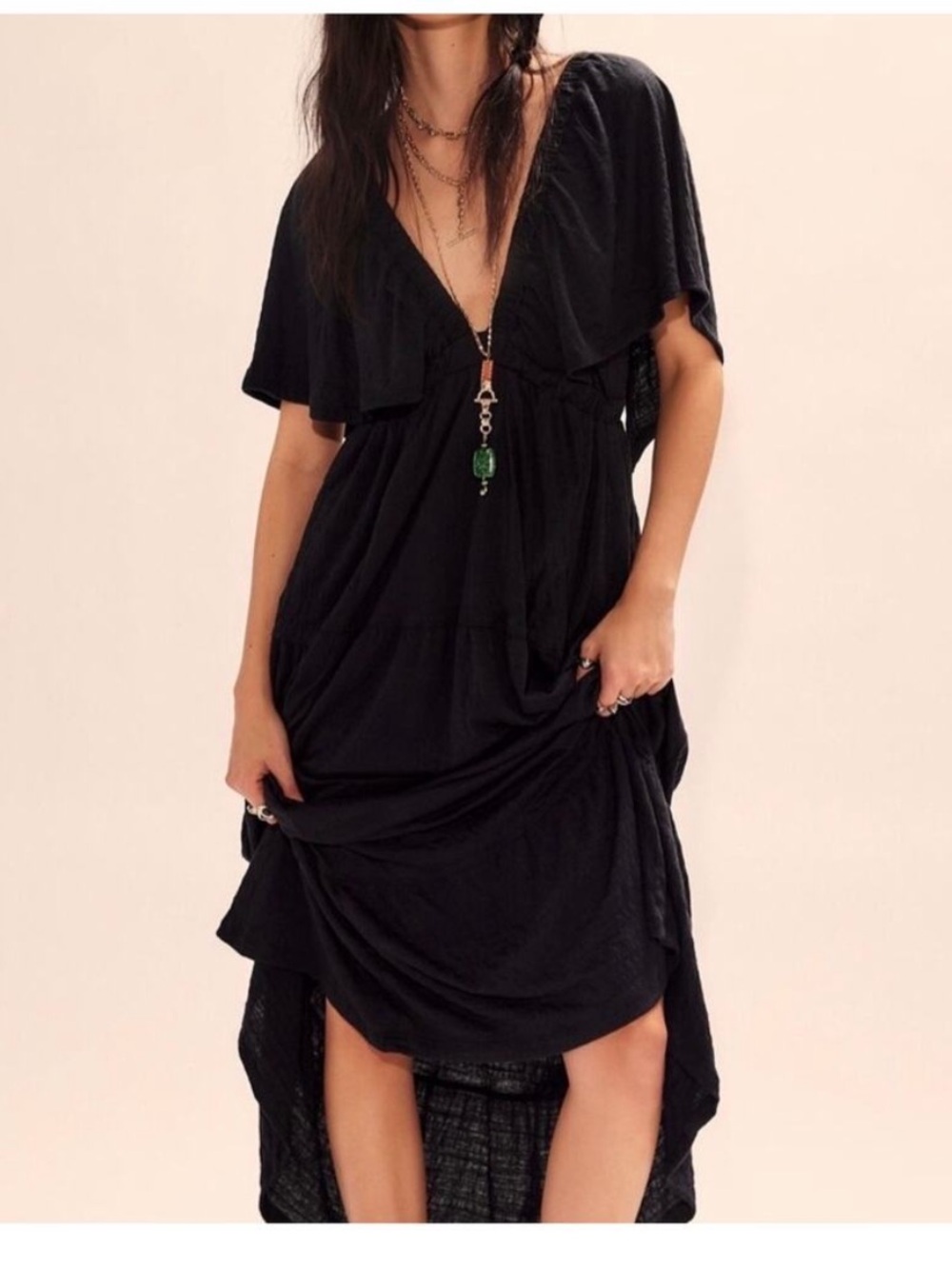 Free People Black V-Neck High-Low Maxi Dress